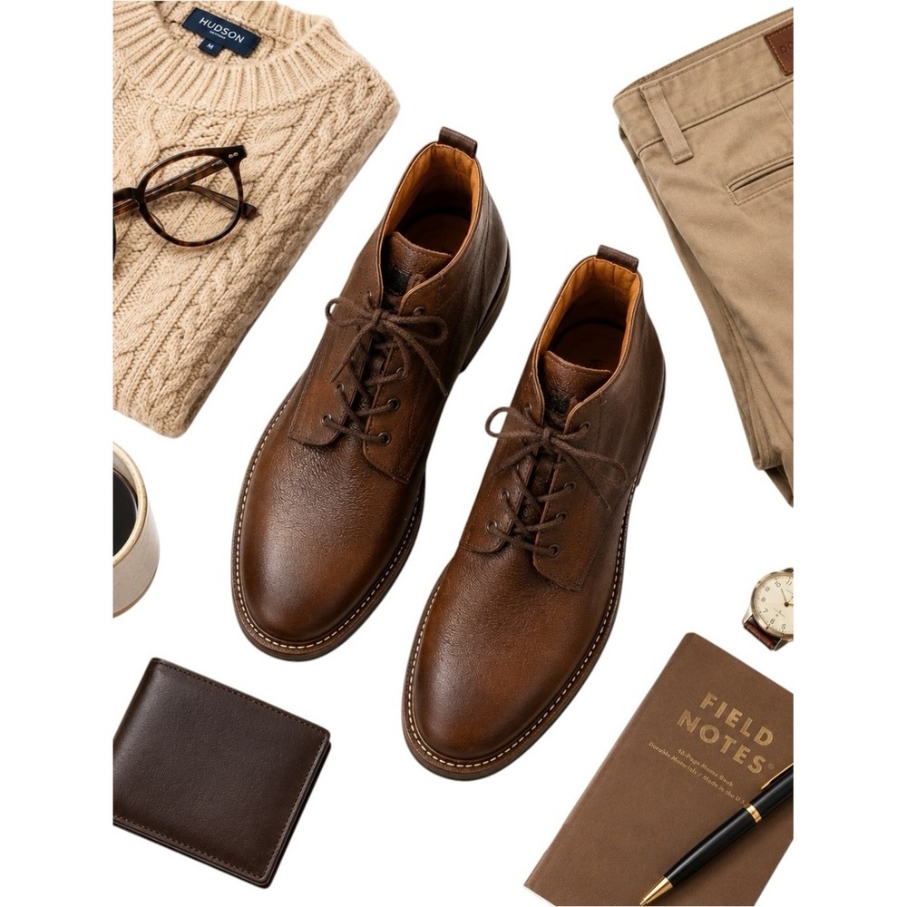 Saks Fifth Avenue Brown Pebbled Leather Chukka Boots Men's Size 12M Made Brazil - Picture 1 of 14